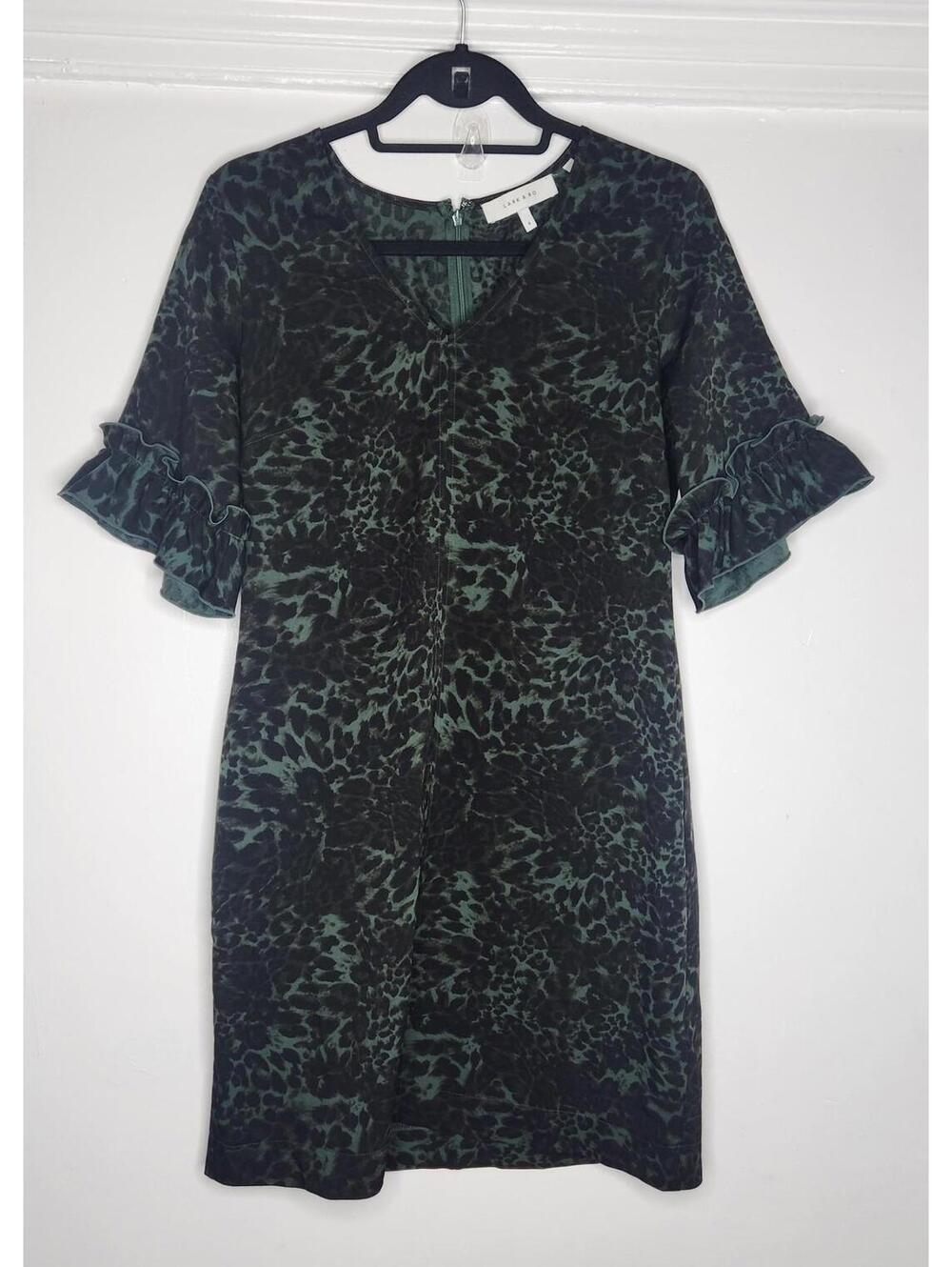 Lark & Ro Dress Sheath Womens 4 Green Black Animal Print Ruffle Sleeve V Neck